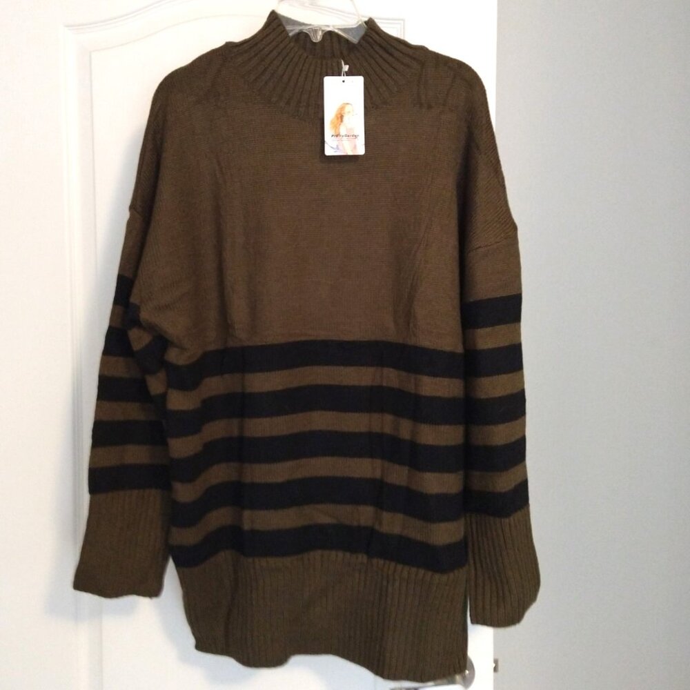 NWT, Pretty Garden - Striped Tunic Sweater, Olive & Black - Large